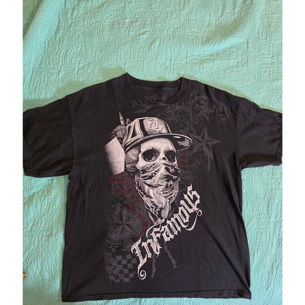 Y2K Infamous Skull Bandana Graphic T-Shirt Mens XL Black Streetwear Gothic Tee